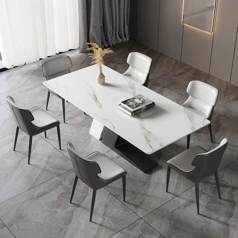 Tavolo da pranzo rettangolare di lusso con piano pietra sinterizzata bianco con doppio piedistallo Clearhalo