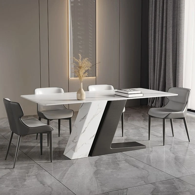 Tavolo da pranzo rettangolare di lusso con piano pietra sinterizzata bianco con doppio piedistallo Clearhalo