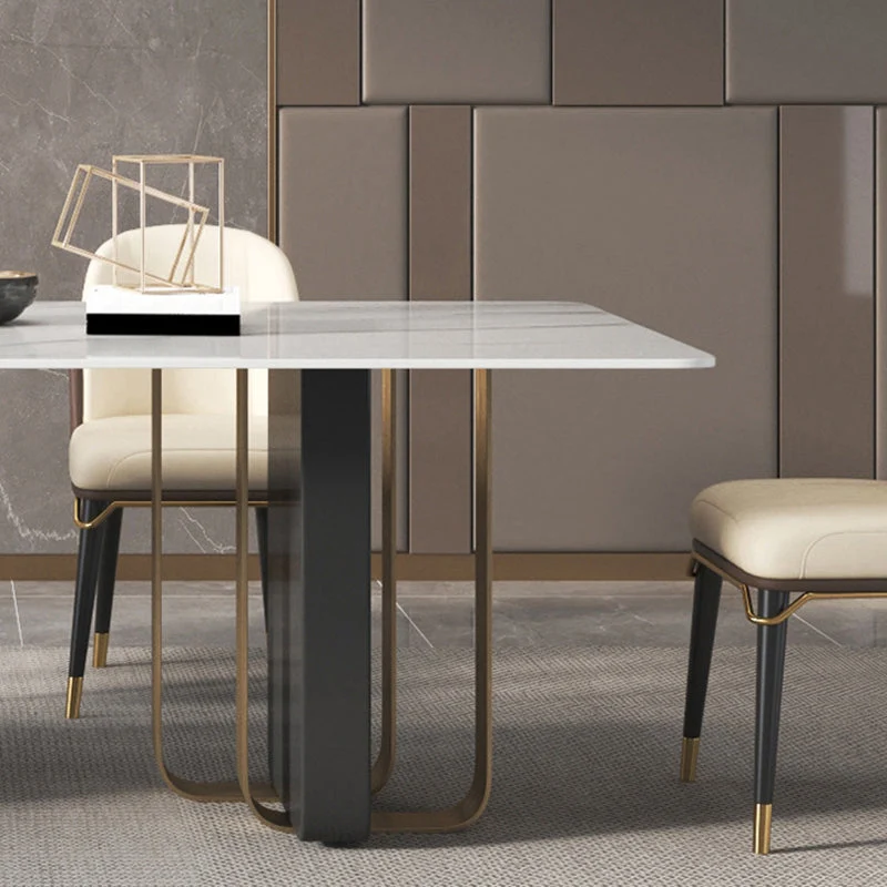 Tavolo da pranzo rettangolare di lusso con piano pietra sinterizzata, tavolo da interno rettangolare con doppio piedistall...
