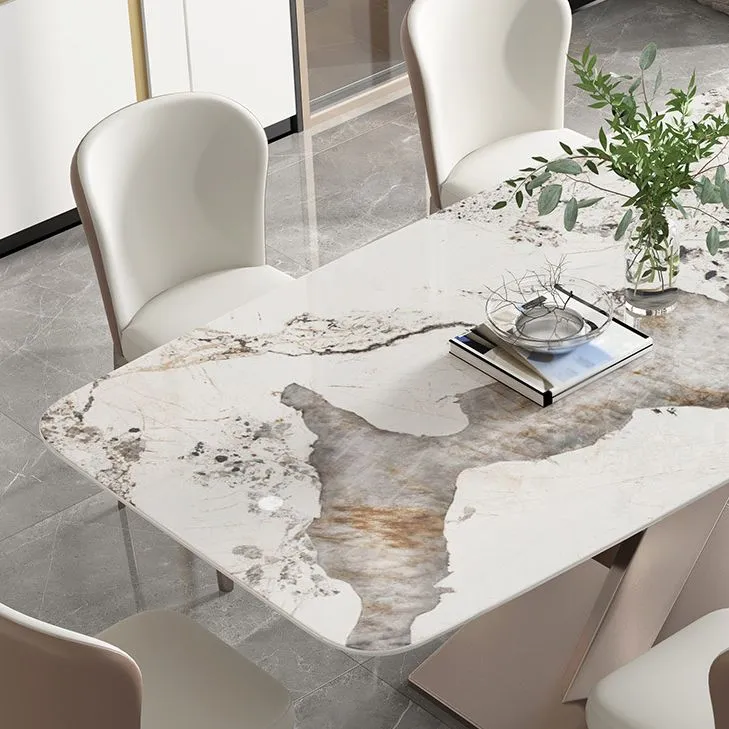 Tavolo da pranzo rettangolare di lusso con piano pietra sinterizzata con piedistallo singolo Clearhalo