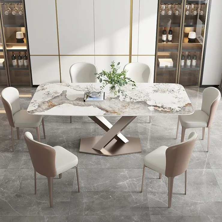 Tavolo da pranzo rettangolare di lusso con piano pietra sinterizzata con piedistallo singolo Clearhalo