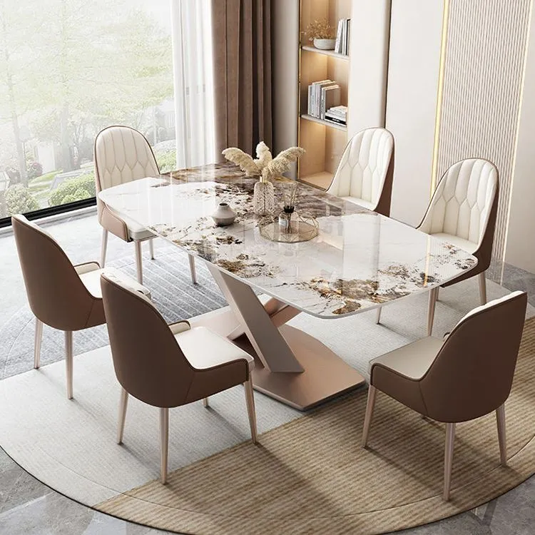 Tavolo da pranzo rettangolare di lusso con piano pietra bianca e piedistallo metallo Clearhalo