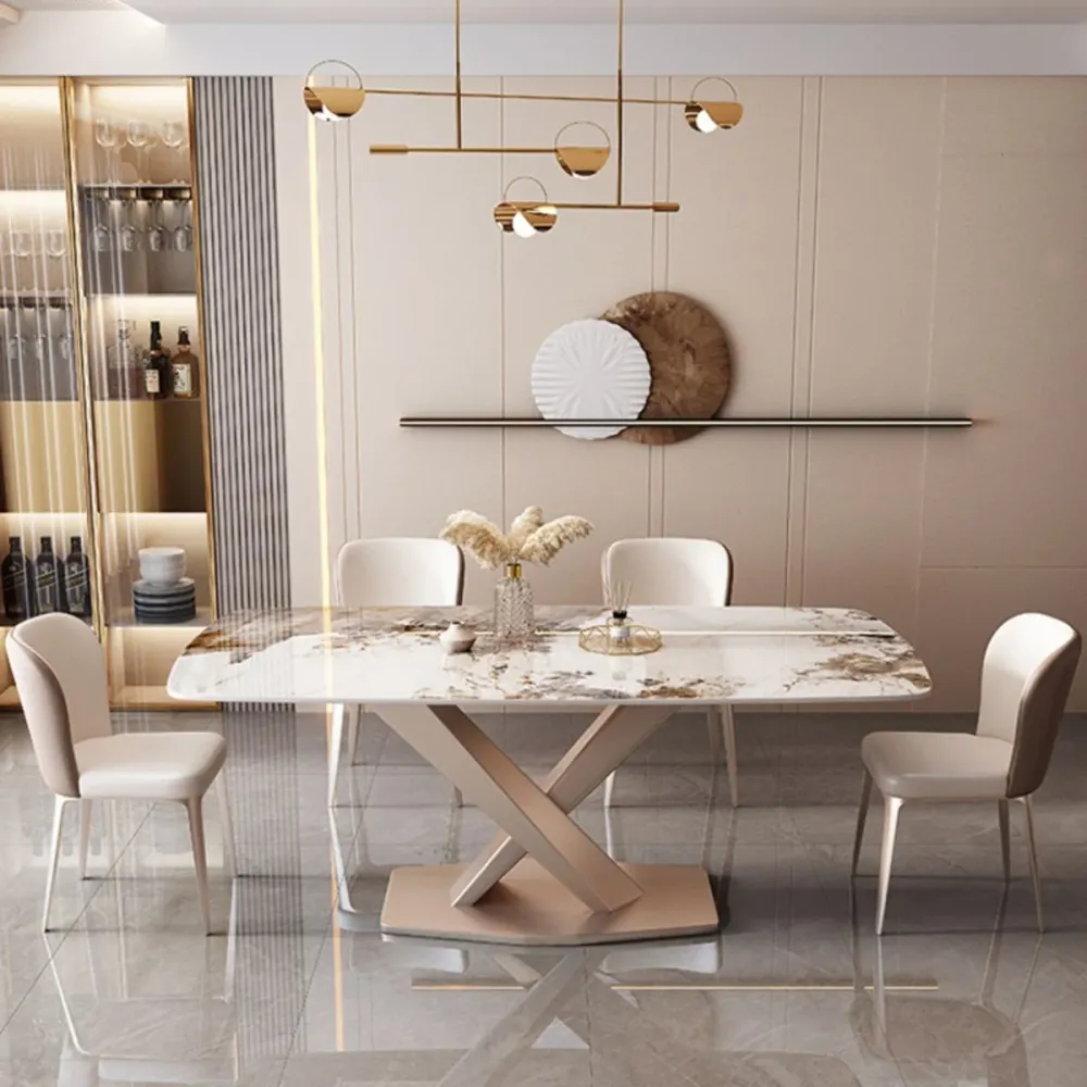 Tavolo da pranzo rettangolare di lusso con piano pietra bianca e piedistallo metallo Clearhalo