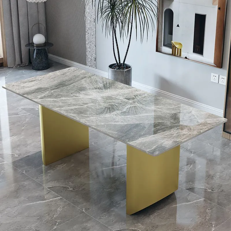 Tavolo da pranzo rettangolare di lusso tradizionale con doppio piedistallo e base metallo Clearhalo