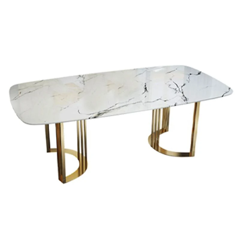 Tavolo da pranzo rettangolare pietra stile glam con gambe metallo per uso domestico Clearhalo