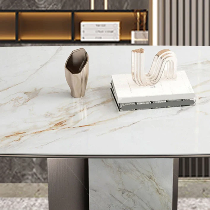 Tavolo da pranzo rettangolare stile Glam Tavolo pietra sinterizzata con gambe metallo per uso domestico Clearhalo