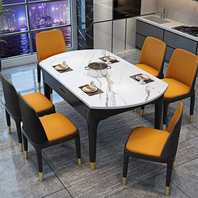 Tavolo da pranzo rotondo marmo Tavolo da pranzo moderno 4 gambe con prolunga foglia Clearhalo
