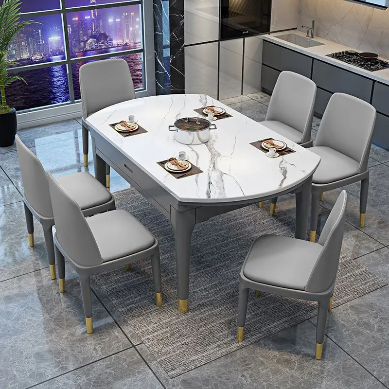 Tavolo da pranzo rotondo marmo Tavolo da pranzo moderno 4 gambe con prolunga foglia Clearhalo