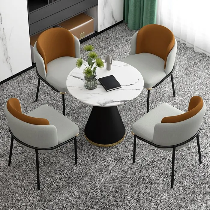 Tavolo da pranzo rotondo moderno metallo Tavolo con piano pietra sinterizzata con piedistallo nero Clearhalo