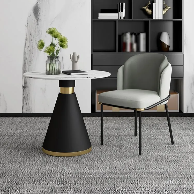 Tavolo da pranzo rotondo moderno metallo Tavolo con piano pietra sinterizzata con piedistallo nero Clearhalo