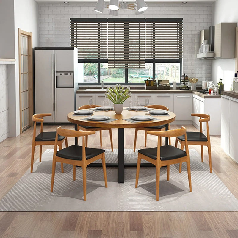 Tavolo da pranzo rotondo moderno per la casa Tavolo legno massello marrone con base metallo Clearhalo