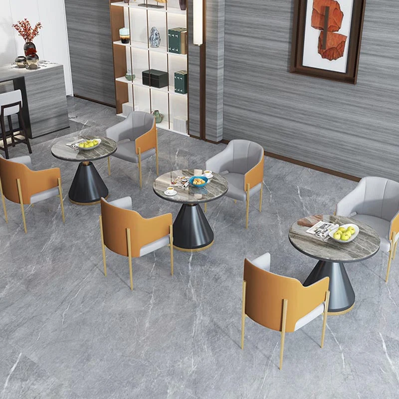 Tavolo da pranzo rotondo moderno per la casa Tavolo da pranzo pietra lucida con base metallo Clearhalo