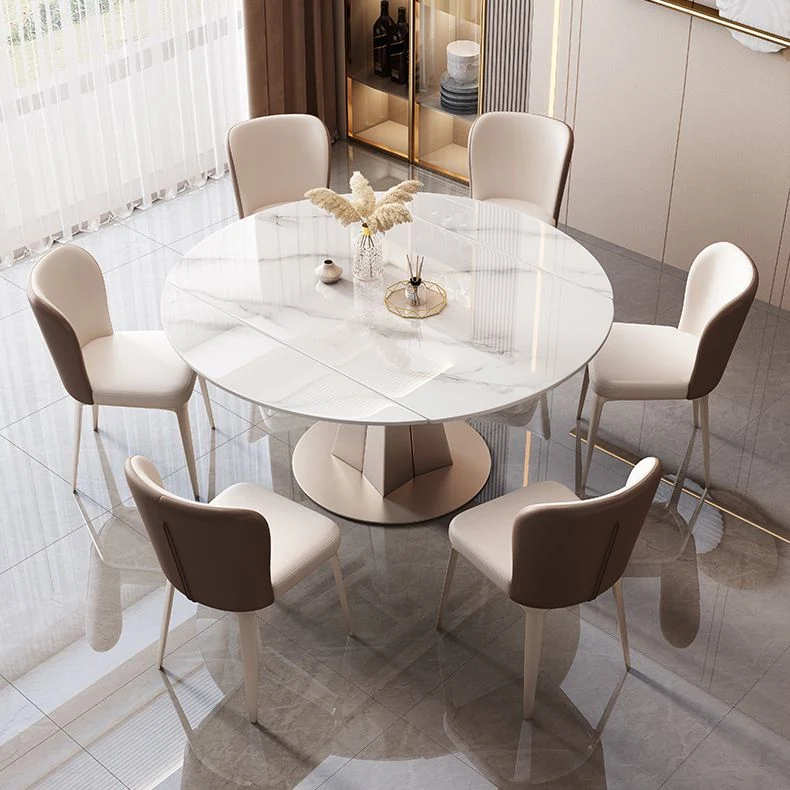 Tavolo da Pranzo Rotondo Pietra Sinterizzata Arredamento Moderno Allungabile con Base Piedistallo Clearhalo