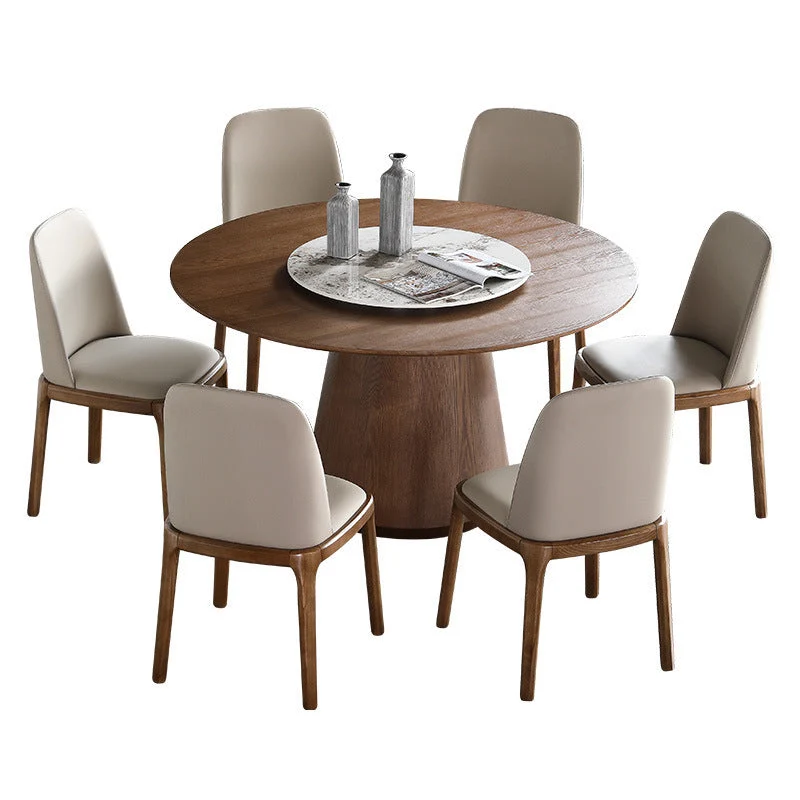 Tavolo da pranzo rotondo pietra sinterizzata marrone, moderno, convertibile, con base piedistallo Clearhalo