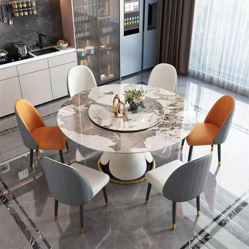 Tavolo da pranzo rotondo stile glam metallo Tavolo con piano pietra sinterizzata per sala da pranzo Clearhalo