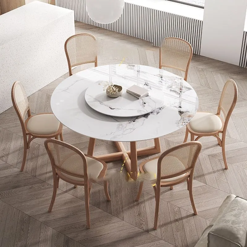 Tavolo da pranzo rotondo Tavolo da pranzo moderno con piano pietra e base legno Clearhalo