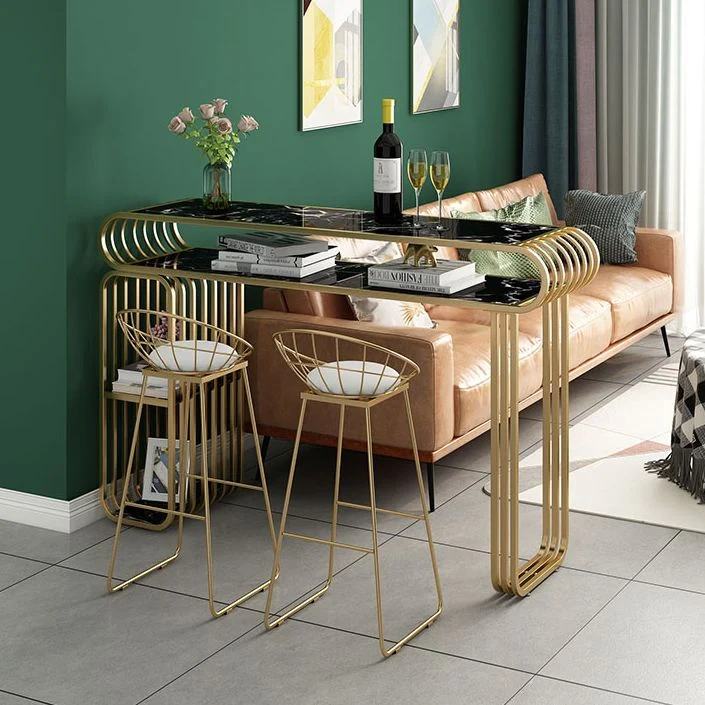 Tavolo da pub Glam legno con piano rettangolare e tavolo con doppio piedistallo dorato - 42" H Clearhalo