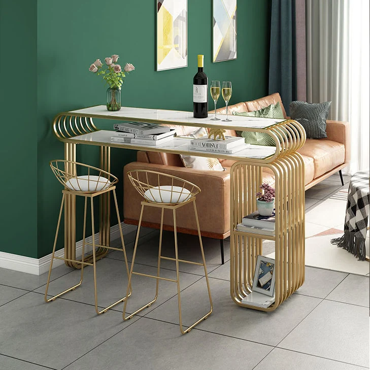 Tavolo da pub Glam legno con piano rettangolare e tavolo con doppio piedistallo dorato - 42" H Clearhalo