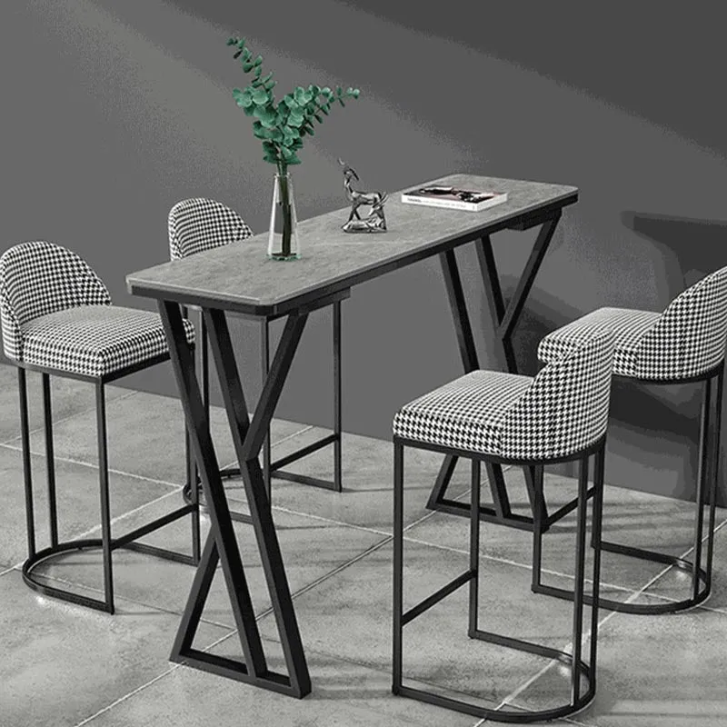 Tavolo da pub rettangolare con piano pietra sinterizzata Tavolo da bistrot industriale con doppio piedistallo Clearhalo