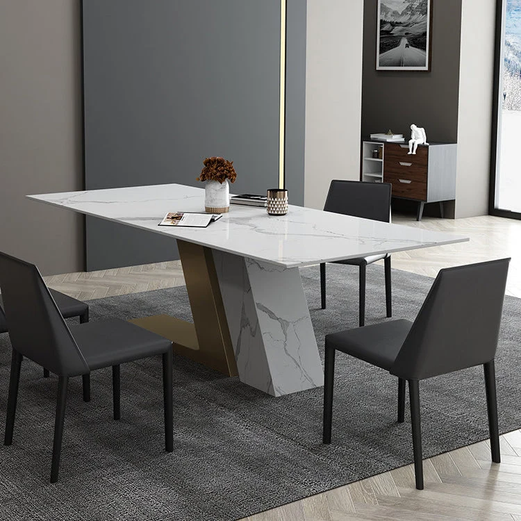 Tavolo rettangolare con base metallo dorato Tavolo da pranzo moderno con piano pietra sinterizzata bianca e nera Clearhalo