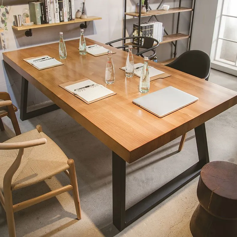 Tavolo rettangolare con doppio piedistallo, scrivania da cucina industriale legno massello Clearhalo