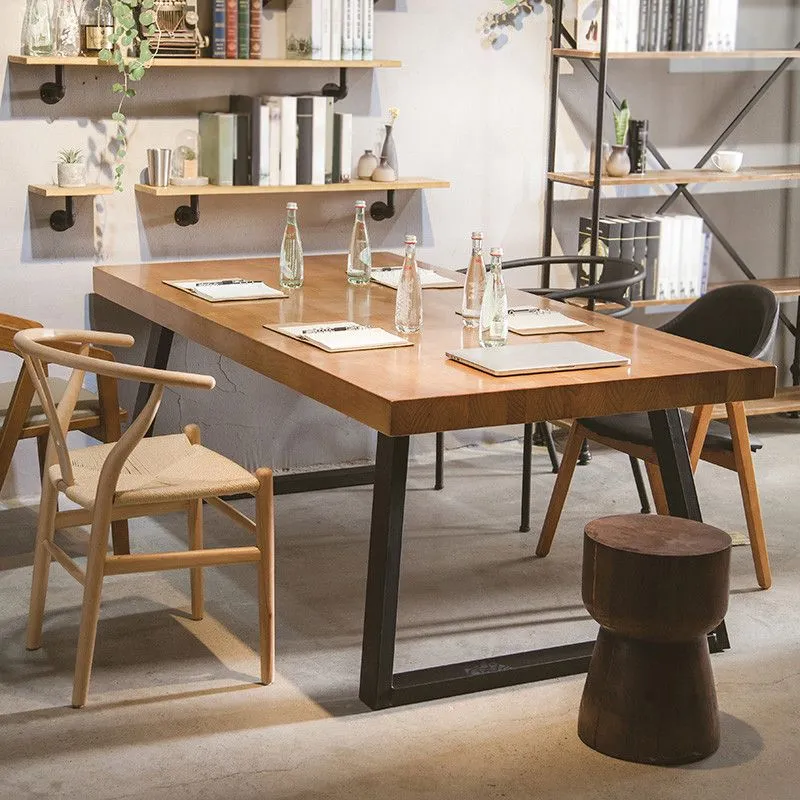Tavolo rettangolare con doppio piedistallo, scrivania da cucina industriale legno massello Clearhalo