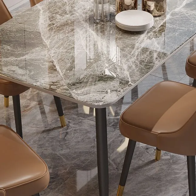 Tavolo rettangolare contemporaneo pietra per ristorante Tavolo da pranzo con piedistallo metallo nero Clearhalo