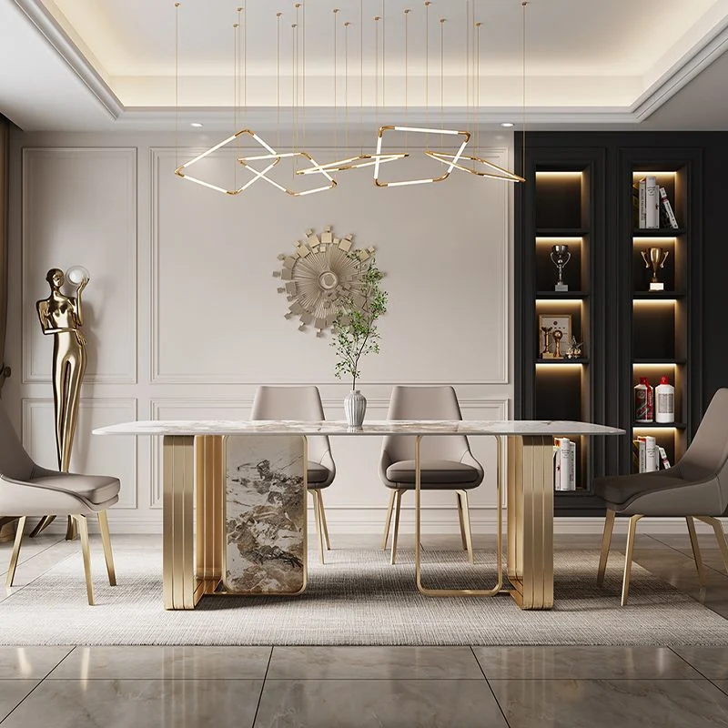 Tavolo rettangolare di lusso con piano pietra sinterizzata con doppio piedistallo metallo color oro Clearhalo
