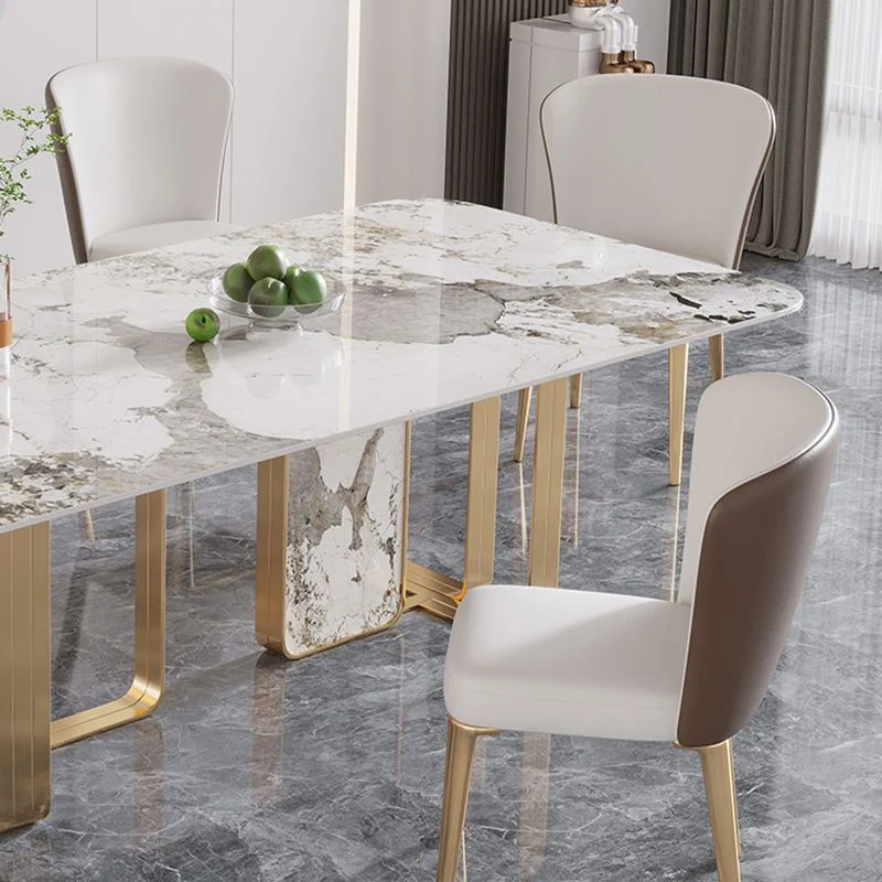 Tavolo rettangolare di lusso con piano pietra sinterizzata con doppio piedistallo oro Clearhalo