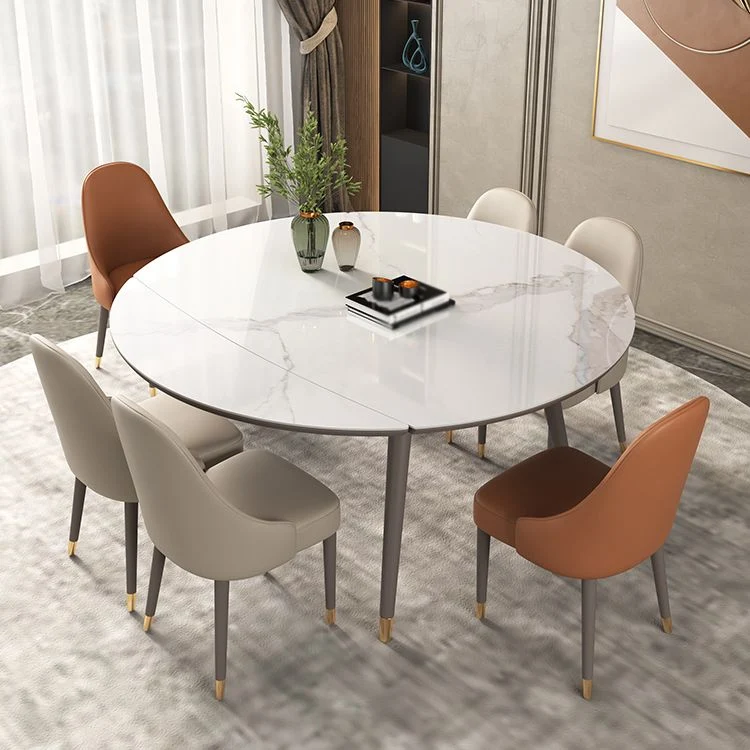 Tavolo Rotondo Allungabile con Piano Pietra Sinterizzata di Lusso con 4 Gambe Legno Clearhalo