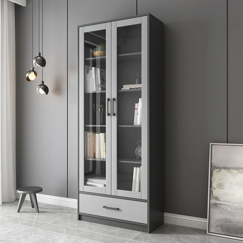 Vetrina moderna con ante vetro per espositore finto legno per soggiorno Clearhalo