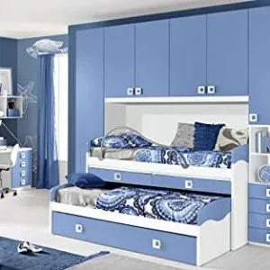 Dafne Italian Design Cameretta Completa Ponte - Bianco, Avio (Triplo Letto Singolo e Armadio) (cm. 300 x 96 x 259h)
