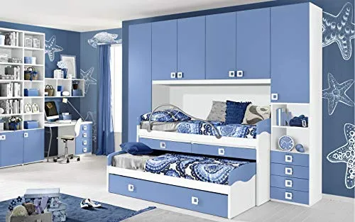 Dafne Italian Design Cameretta Completa Ponte - Bianco, Avio (Triplo Letto Singolo e Armadio) (cm. 300 x 96 x 259h)