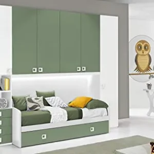 Dafne Italian Design Cameretta Completa Ponte - Bianco, Salvia (Doppio Letto Singolo e Armadio) (cm. 300 x 96 x 259h)