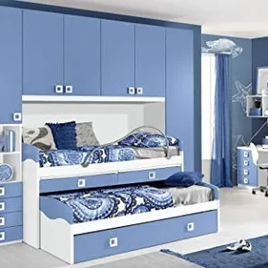 Dafne Italian Design Cameretta Completa Ponte - Bianco, Avio (Triplo Letto Singolo e Armadio) (cm. 300 x 96 x 259h)