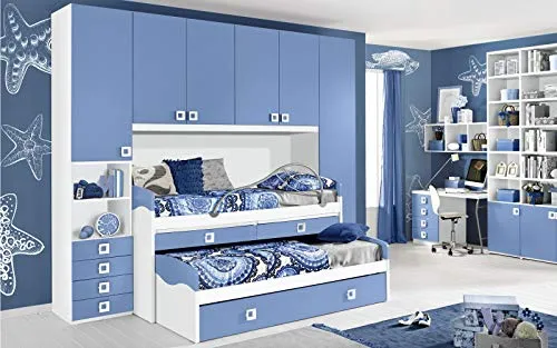 Dafne Italian Design Cameretta Completa Ponte - Bianco, Avio (Triplo Letto Singolo e Armadio) (cm. 300 x 96 x 259h)