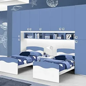 Dafne Italian Design Cameretta Completa Ponte - Bianco, Avio (Doppio Letto Singolo e Armadio) (cm. 350 x 58 x 259h)