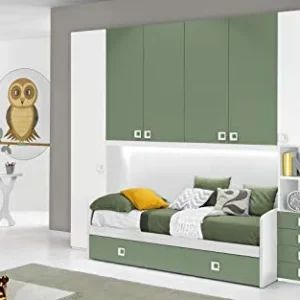 Dafne Italian Design Cameretta Completa Ponte - Bianco, Salvia (Doppio Letto Singolo e Armadio) (cm. 300 x 96 x 259h)