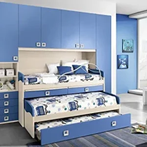 Dafne Italian Design Cameretta Completa Ponte - Effetto Betulla, Cielo (Triplo Letto Singolo e Armadio) (cm. 300 x 96 x 259h)