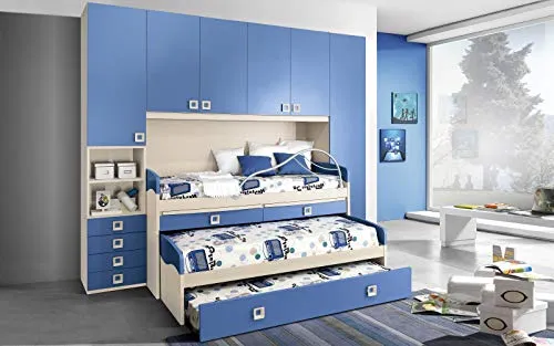 Dafne Italian Design Cameretta Completa Ponte - Effetto Betulla, Cielo (Triplo Letto Singolo e Armadio) (cm. 300 x 96 x 259h)