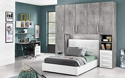 Dafne Italian Design Cameretta Ponte n. 5 ante; effetto cemento grigio; cemento grigio; bianco luna