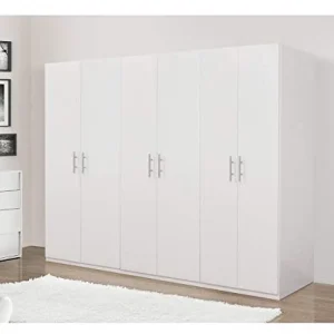 Dmora Armadio 6 Ante battenti, Bianco Opaco,con Tubo Appendiabiti cm 207x 53 x h202