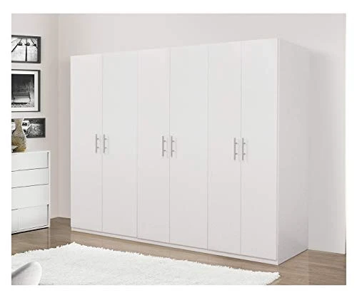 Dmora Armadio 6 Ante battenti, Bianco Opaco,con Tubo Appendiabiti cm 207x 53 x h202