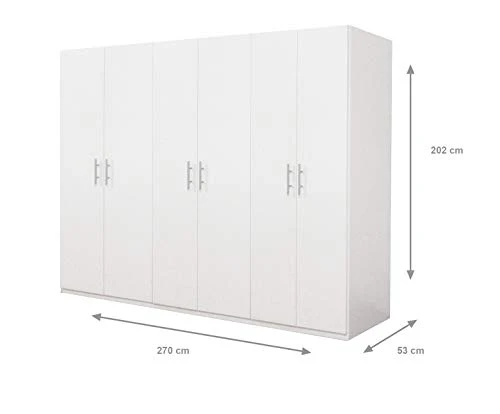 Dmora Armadio 6 Ante battenti, Bianco Opaco,con Tubo Appendiabiti cm 207x 53 x h202