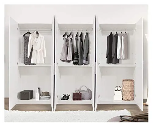 Dmora Armadio 6 Ante battenti,Bianco Opaco, cm 207x53x202, con Tubo Appendiabiti, Unica