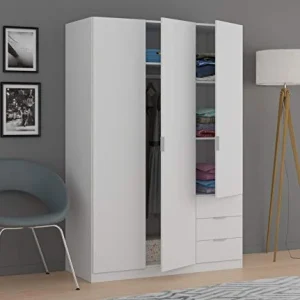 Dmora Armadio Ante e Tre cassetti con Ripiani e Barra Appendiabiti Colore Bianco, Misure cm 121 x 51 x h180, Small