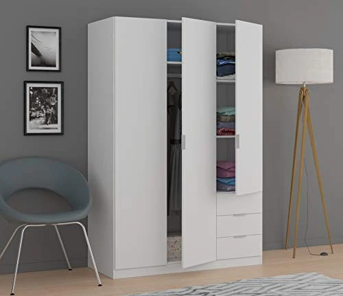 Dmora Armadio Ante e Tre cassetti con Ripiani e Barra Appendiabiti Colore Bianco, Misure cm 121 x 51 x h180, Small
