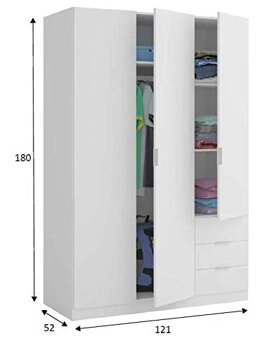 Dmora Armadio Ante e Tre cassetti con Ripiani e Barra Appendiabiti Colore Bianco, Misure cm 121 x 51 x h180, Small