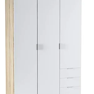 Dmora Armadio Guardaroba, 3 Ante + 3 cassetti-cm. 121 x 180 x 52, Rovere e Bianco, Unico