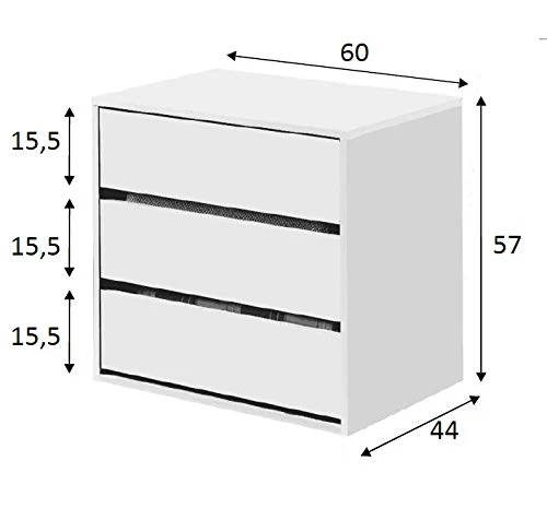 Dmora Cassettiera Tre cassetti, Colore Bianco, cm 60 x 57 x 44